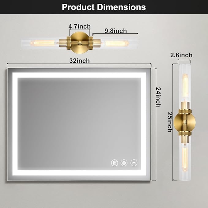 LaLuLa Gold Bathroom Vanity Light Fixtures – 2-Light Hardwired Wall Sconces with Rippled Glass Shades and Textured Metal Frame, Modern Vanity Lighting for Mirror, Bedroom, or Hallway, 25”