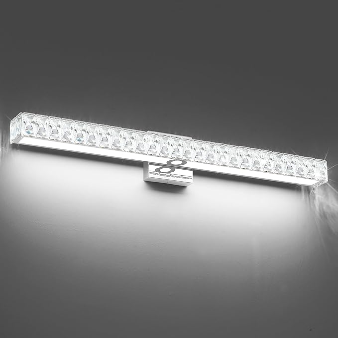 SOLFART Bathroom Vanity Lighting, Crystal Bathroom Light Fixtures Over Mirror LED Lights for Restroom, 32.5 Inch Chrome Light Over Mirror