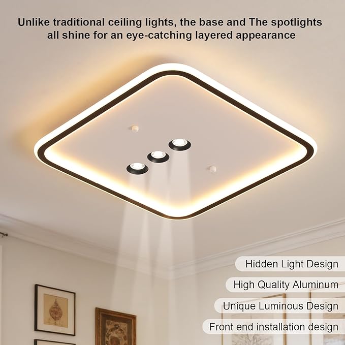 Square Diamond LED Ceiling Light with 3 Adjustable Spotlights, Dimmable Flush Mount Lighting Fixture, Black & White for Bedroom Living Room Kitchen Hallway