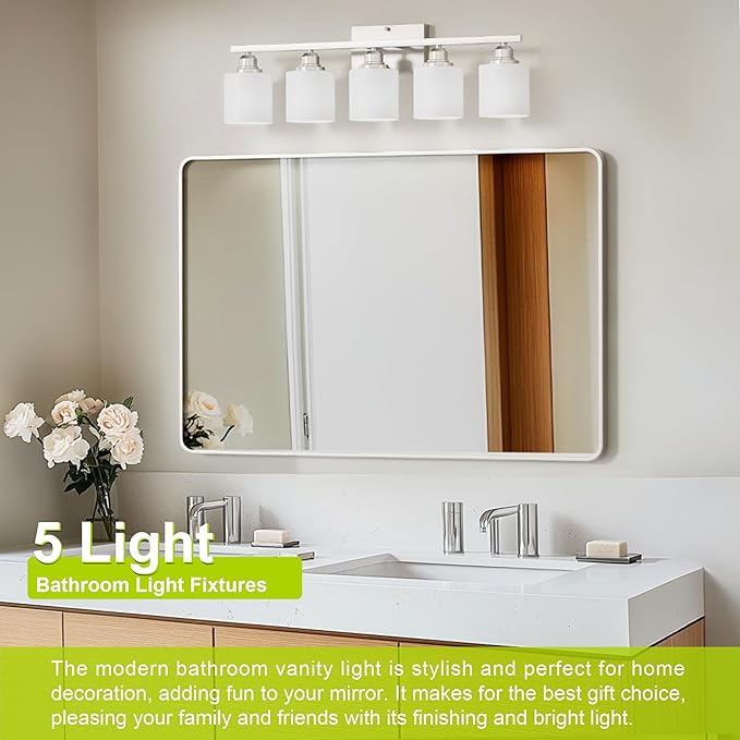 Sailstar 5-Light Bathroom Light Fixture, Brushed Nickel Vanity Lights Over Mirror, Anti-Rust, White Glass Shades, E26 Base, Bulb Not Included