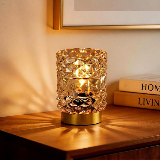 MJ PREMIER Battery Operated Lamp with Timer, Cordless Table Lamps for Shelf Decor, Rhombus Texture Aesthetic Crystal Lamp, Small Decorative Lamps for Bedroom/Bathroom/Kitchen/Entryway/Dorm (Yellow)