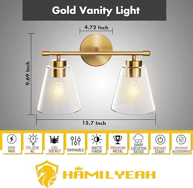 Hamilyeah Bathroom Vanity Light Fixtures Over Mirror, 2 Light Wall Light Fixture with Clear Glass Shade, Gold Sconces Wall Lighting for Bathroom, Kitchen, Living Room