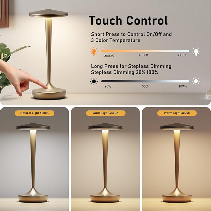 YHT 72Hrs Cordless Table Lamps Rechargeable,6000mAh Battery Operated Portable Touch Table Lamp,3 Colors & Stepless Dimmable Touch,Waterproof for Outdoor Patio, Restaurant Dining& Home (2 Bronze)