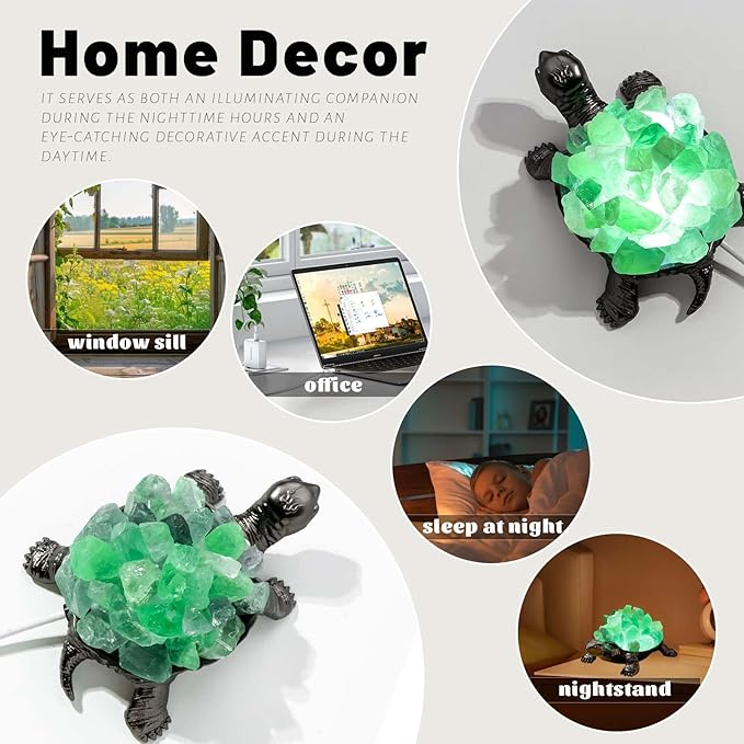 Runyangshi Natural Green Fluorite Turtle Night Lamp Healing Crystal Bedroom Bedside Table Lamp USB Port Home Decoration Women Men Decor Gift