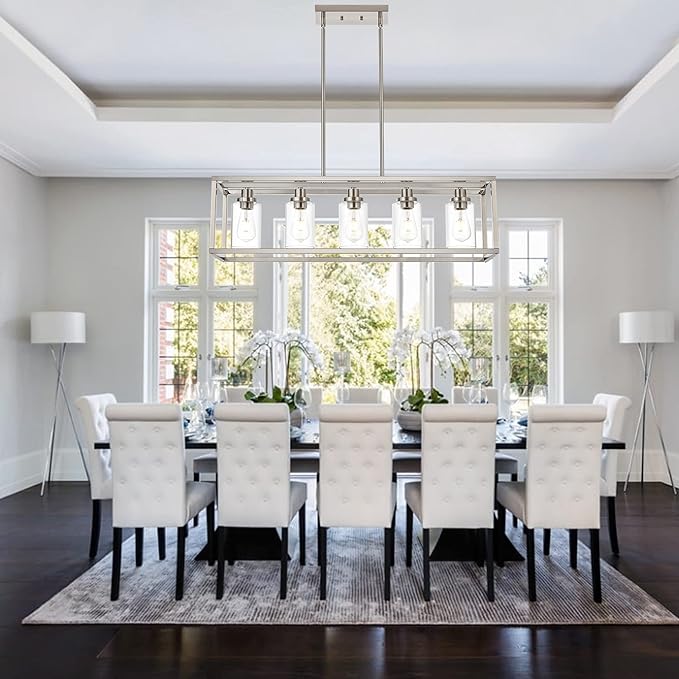 MELUCEE 5-Light Dining Room Lighting Fixture Hanging Brushed Nickel Modern Pendant Lighting Contemporary Chandeliers with Clear Glass Shade for Kitchen Island Living Room Bedroom