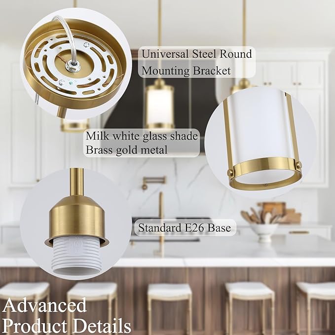 Brushed Gold Milk Glass Pendant Light Kitchen Island,Modern Brass Mini Pendant Lighting,Farmhouse Art Deco Chandelier Hanging Light Fixtures Over Sink for Dining Room