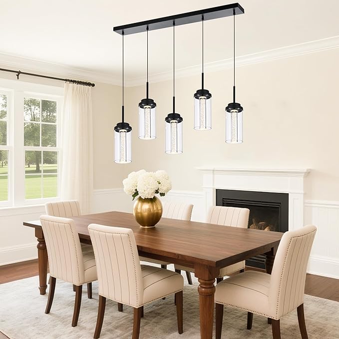 MELUCEE Modern Chandelier for Dining Room 5-Light Dimmable LED Pendant Light with Clear Glass Shade, 3000K-6000K Adjustable Color Temperature Linear Island Lights for Kitchen Dining Table, 25W, Black
