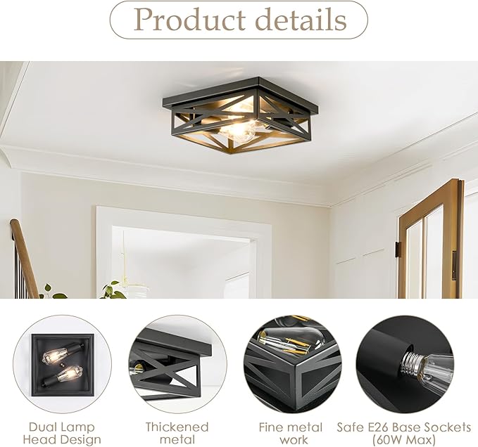 Farmhouse 2-Light Semi Flush Mount Ceiling Light Fixture, Modern Metal Cage Black Square Close to Ceiling Lamp, E26 Base Chandelier Ceiling Mount, Pendant Lighting for Hallway Kitchen Bedroom