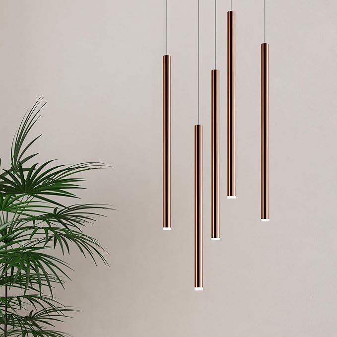 CANALIS 5 Mini Pendant Lighting Copper - LED Hanging Light Fixture for Kitchen Island, Bar, Foyer - Cluster Pendants - Dimmable, Adjustable Wire, Lamp Bulb Included