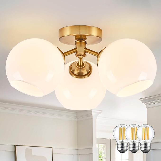 KoKo&Yukina 3-Light Mid Century Modern Gold Semi Flush Mount Ceiling Light Globe Sputnik Chandelier Fixture Milk Glass Globe Ceiling Lights for Bedroom Living Room Hallway Entryway Foyer