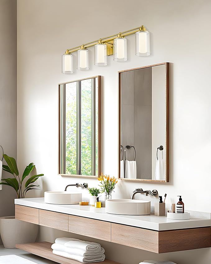 5 Light Vanity Light, HWH Brushed Gold Bathroom Light Fixtures Modern Vanity Lights Over Mirror with Clear Glass, 30W 5CCT Dimmable LED Vanity Lights for Bathroom, 5HLT63B-5W-LED BG