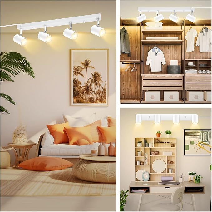 AUQUEE 4 Light Track Lighting Kit,White 4 Way Modern Plug in Ceiling Spotlight,Industrial LED Wall Light for Kitchen Cabinet Gallery Bar Hallway Living Room,Rocker Switch,15 Foot Cord(No Bulb)
