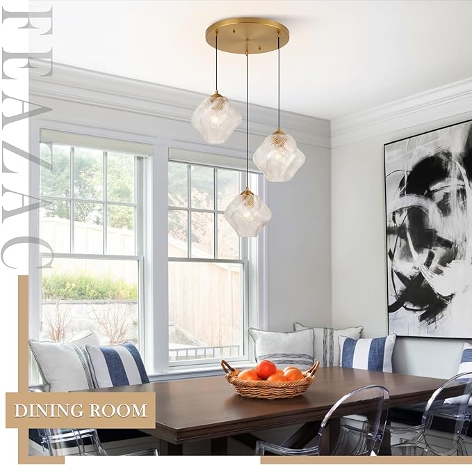 3-Light Cluster Pendant Lights, Mid Century Modern Cluster Chandelier with Ribbed Glass, Brass Gold Pendant Lighting for High Ceiling, Kitchen Island, Staircase, Dining Room, Living Room