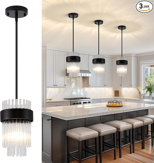 Dijiahua Black Pendant Lights Kitchen Island 3 Pack,Modern Crystal Pendant Light Fixtures Over Table, Mini Dining Room 1-Light Chandelier,Adjustable Cord Hanging Lamp for Bedroom,Hallway