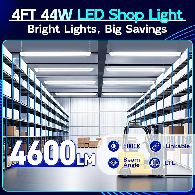 hykolity 4 Pack Linkable LED Shop Light, 4FT 44W [300W Equivalent], 4600lm, 5000K Daylight, Plug-in Utility Bay Light Fixture, Hanging or Surface Mount, White - Energy Efficient Lighting Solution