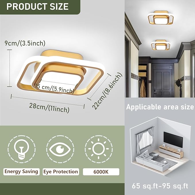 CANEOE Gold Modern Ceiling Light,Small Square Hallway Ceiling Lamp Cool White 6000K Ceiling Lighting Fixtures for Hallway Bedroom Kitchen Living Room Laundry Room Corridor Ceiling Lights