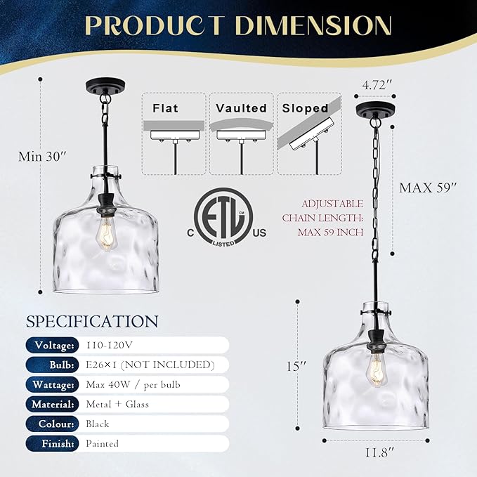 12" Farmhouse Pendant Light, Hand-Blown Clear Hammered Glass Hanging Ceiling Light Fixture with Black Finish and Adjustable Chain, Modern Rustic Lighting for Kitchen Island, Dining Room, E26 Socket