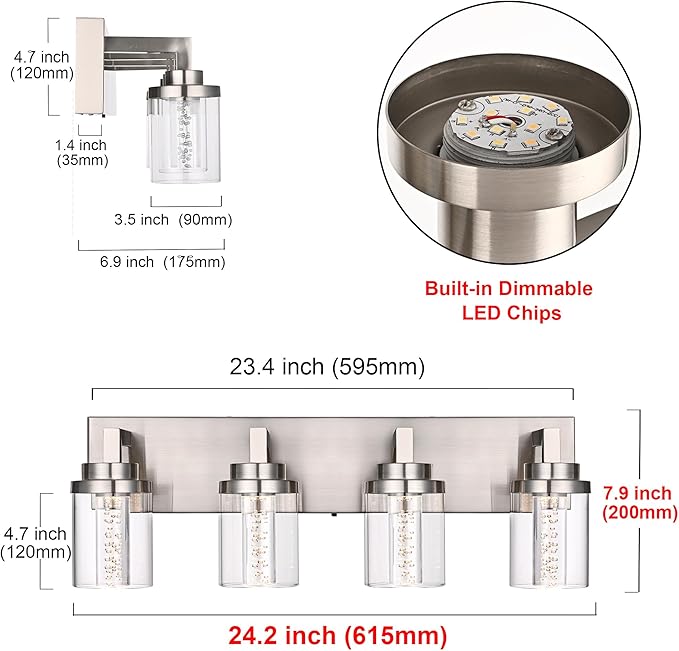 MELUCEE 4-Light Bathroom Lighting Fixtures Brushed Nickel, Dimmable LED Vanity Light for Bathroom 5CCT Bubble Crystal Bath Wall Lights with Clear Glass Shade, Built-in Led Chips