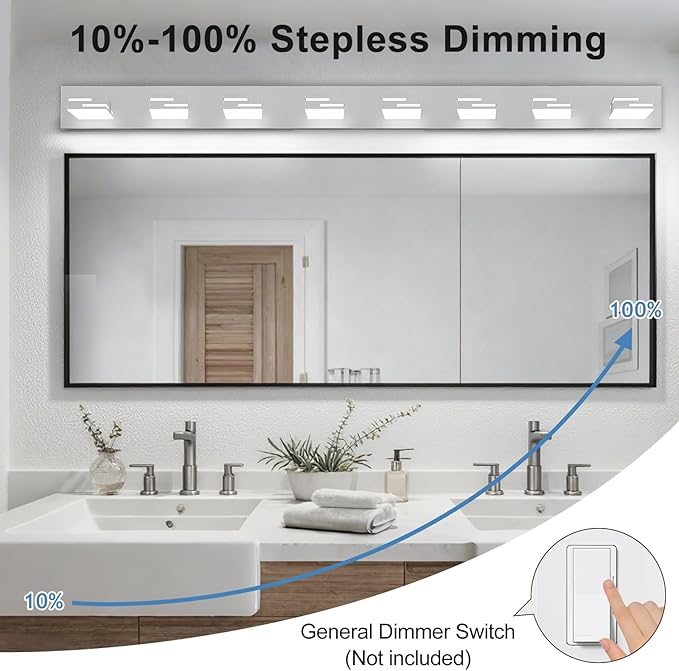 LED Modern Bathroom Vanity Light Fixtures, 8-Light 55-inch Dimmable Chrome Vanity Lights for Bathroom Lighting Fixtures Over Mirror, with 360° Rotatable Heads (Cool White 6000K)