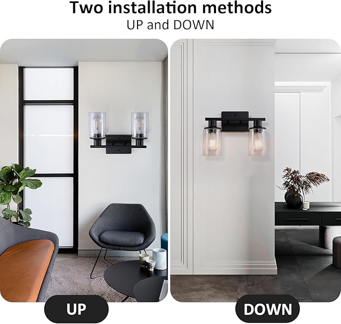 2 Pack Matte Black Bathroom Light Fixtures Over Mirror,2-Light Bathroom Vanity Light with Clear Glass Shade,Modern Farmhouse Wall Sconces Lighting for Mirror Kitchen Living Room Cabinet