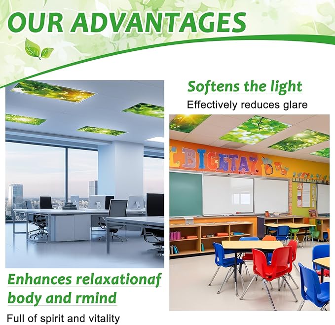 8 Pcs Fluorescent Light Covers with 80 Magnets Decorative for Classroom Ceiling Light 4 x 2 Ft Magnetic Light Covers Filter Easy Install for Office Hospitals & Home Drop Ceiling Supplies (Green Leaf)