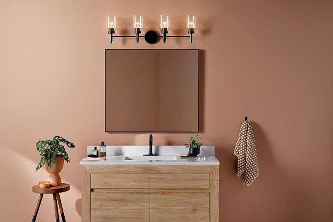 Kichler Madden 4-Light Bathroom Vanity Light Fixture with Clear Glass in Black, Modern Wall Mount Over Mirror for Single or Double Vanity (10.5" x 34"), 55186BK