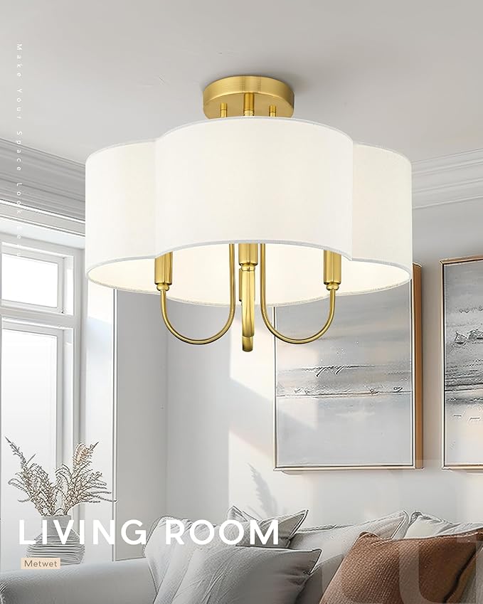 Gold Semi Flush Mount Ceiling Light, 18" 4-Light Light Fixtures Ceiling Mount with Fabric Shade in Quatrefoil for Kitchen Nursery Entryway Hallway Bedroom, SM179-BG-L