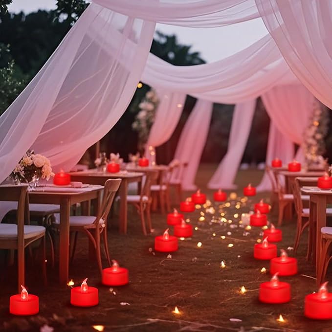 Tea Lights Battery Operated Candles LED Tea Lights Flameless Candles 200+ Hours Flickering Fake Tealights for Sweetest Day Wedding Home Decorations Party (Red Base, 24 Pack)