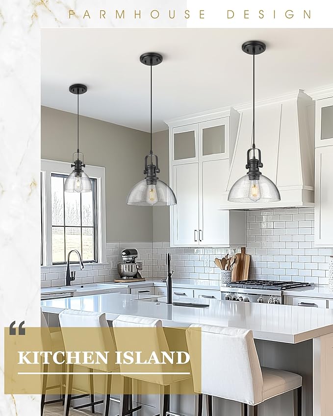 Black Pendant Lights Kitchen Island, 10.5" Farmhouse Pendant Lighting with Clear Seeded Glass Shade, Vintage Hanging Light Fixtures for Dining Room, AD-22151-1PL-BK