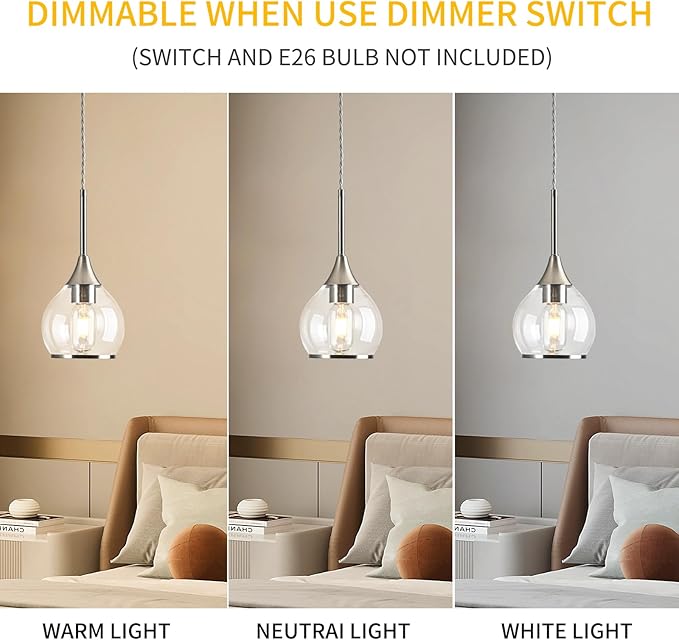 1-Piece Island Light for Kitchen, 1-Light Brushed Nickel Kitchen Island Hanging Pendant Light with Clear Round Glass Shades, Brushed Nickel Finish Dining Room Light Fixture Over Table