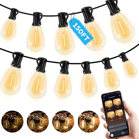 GvvooHome 150FT Outdoor String Light with S11 Plastic Bulbs, Low-Voltage LED Patio Light with App & Remote, Music Sync, 4 Lighting Modes, Dimmable & Waterproof for Backyard, Porch, Garden, Deck, Party