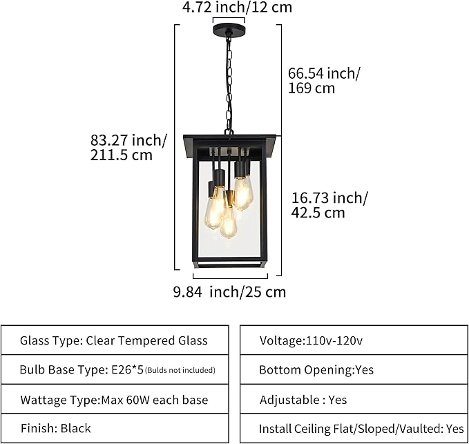 Modern Outdoor Pendant Light with Dual E26 Base Socket, Black Chandelier with Clear Glass Shade, Exterior Hanging Lantern for Front Porch Entrance Foyer Entryway