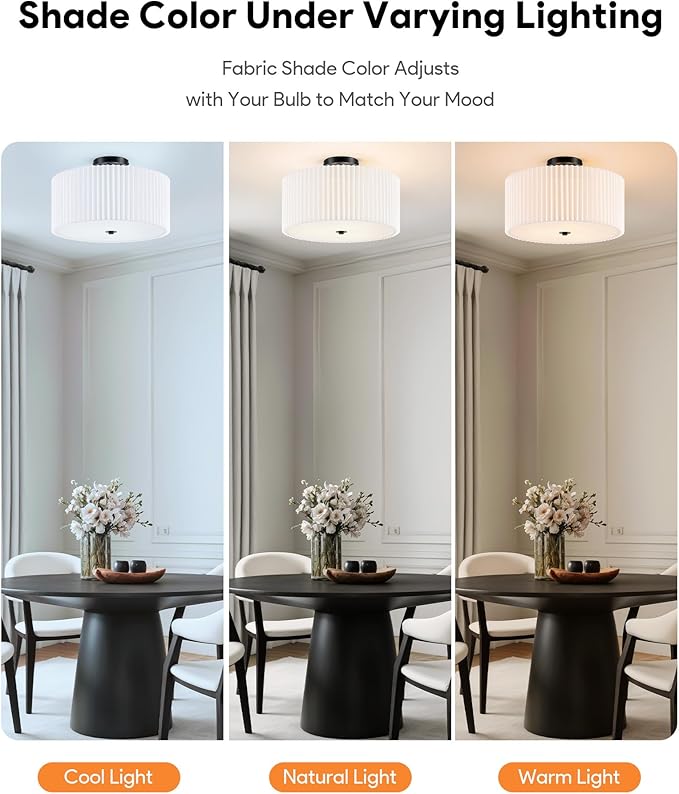VONLUCE Semi-Flush Mount Ceiling Light, 15.7" Modern 3-Light Ceiling Light Fixture with White Pleated Drum Shade 3 E26 Sockets for Bedroom Entryway Living Room, Black Finish, ETL Certificated