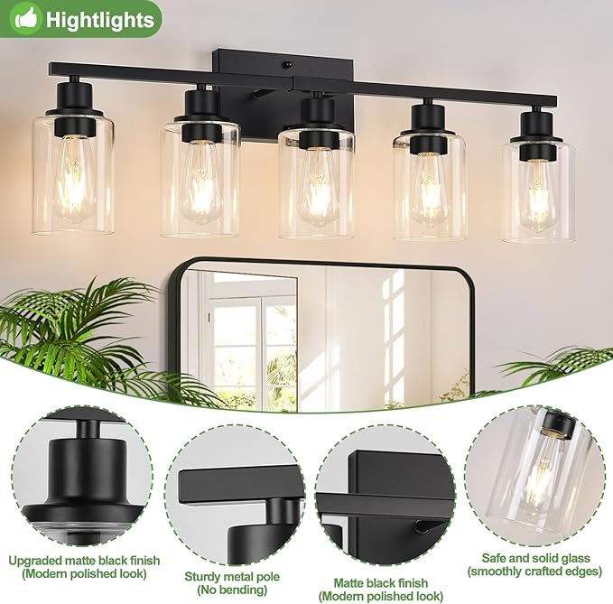 Indoi 5-Light Bathroom Light Fixtures, Matte Black Modern Vanity Lights with Clear Glass Shades, Bathroom Vanity Light for Mirror Living Room Cabinet Bedroom Porch