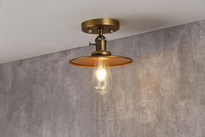 Phansthy Ceiling Light Fitting E26 Vintage Metal Shade Hanging Semi Flush Mount Pendant Lamp, Industrial Edison Ceiling Light Fixtures for Kitchen Bedroom Hallway Loft (Flat Metal Shade -Antique)