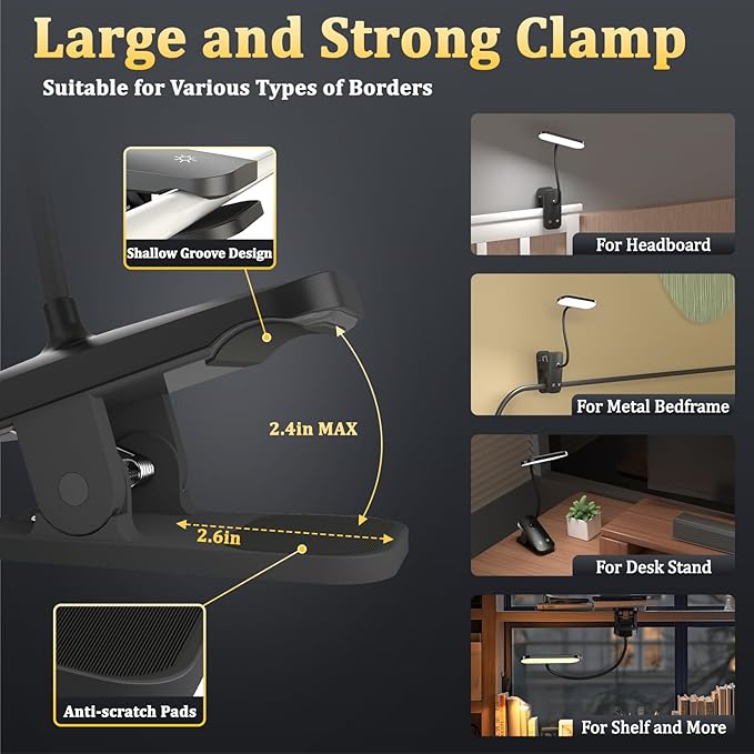 Clip on Desk Lamp, Battery Powered Reading Light with Strong Clamp - 5 Colors 5 Brightness, USB Rechargeable Portable Cordless Book Lamp for Bed Headboard Table Bedside Home Office