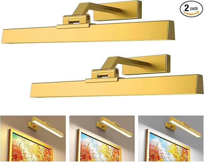Afyuol Picture Lights for Wall, Battery Operated Picture Light 16in Art Light CCT Dimmable Recharging Battery Wall Light with Remote Control for Living Room Gallery Gold 2PCS