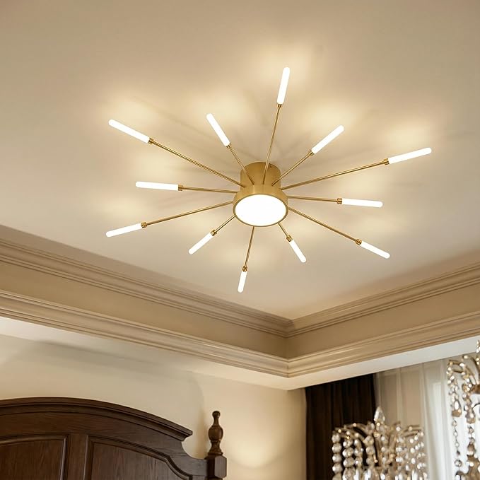Modern Ceiling Light LED Flush Mount Ceiling Light for Living Room,Kitchen,Bedroom Fireworks Design Dimmable with Remote Control & Memory Function Lighting Fixture (Gold,12 Light)