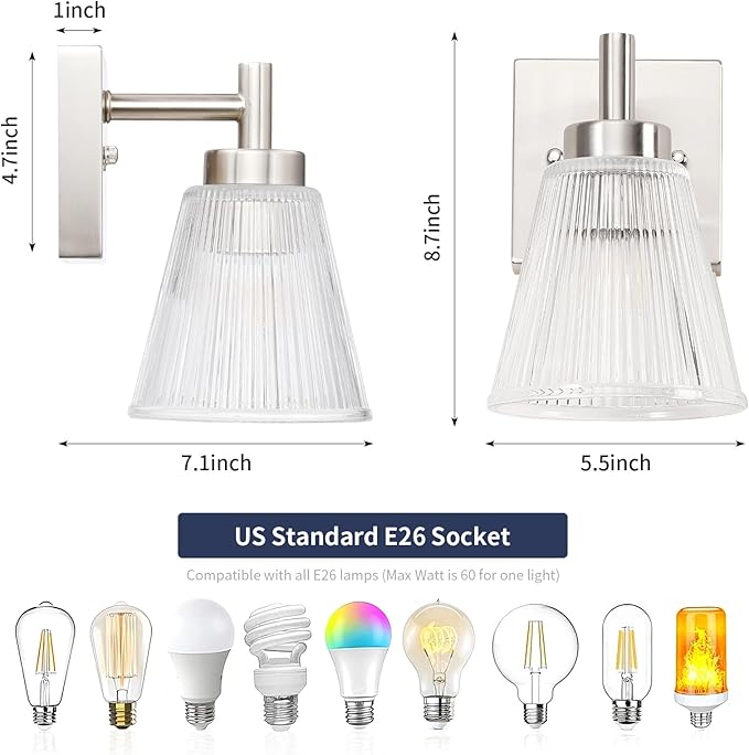OCIOC Vintage Wall Sconce Set of 2 with Glass Shade Brass Sconces Brushed Nickel Bathroom Vanity Light Fixtures Modern Wall Lighting Fixture for Bedroom Bedside Door Header