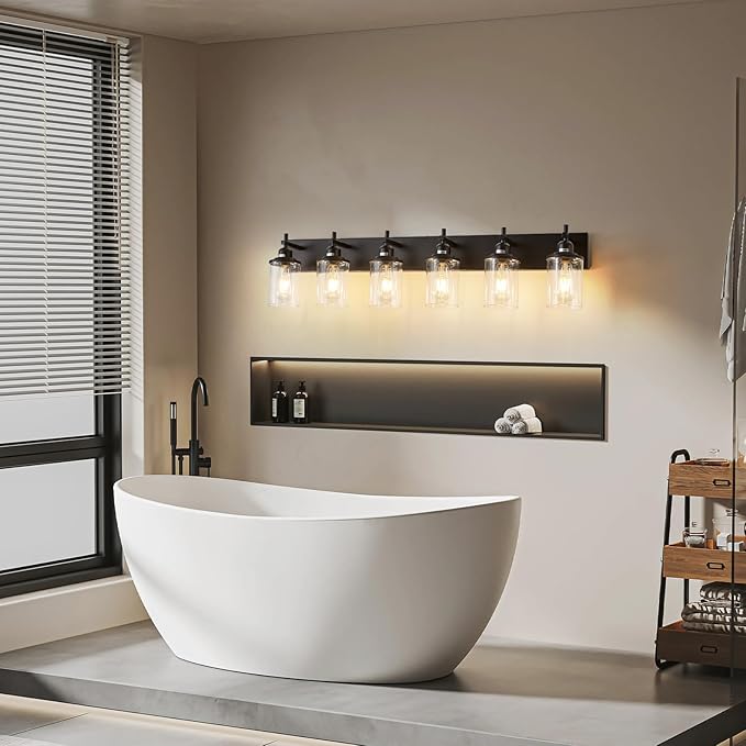 Lanhall 6-Light Black Bathroom Light Fixture Over Mirror Modern Farmhouse Bathroom Vanity Light Vintage Wall Lighting with Clear Glass Shade for Bathroom, Bedroom, Hallway, Cabinet