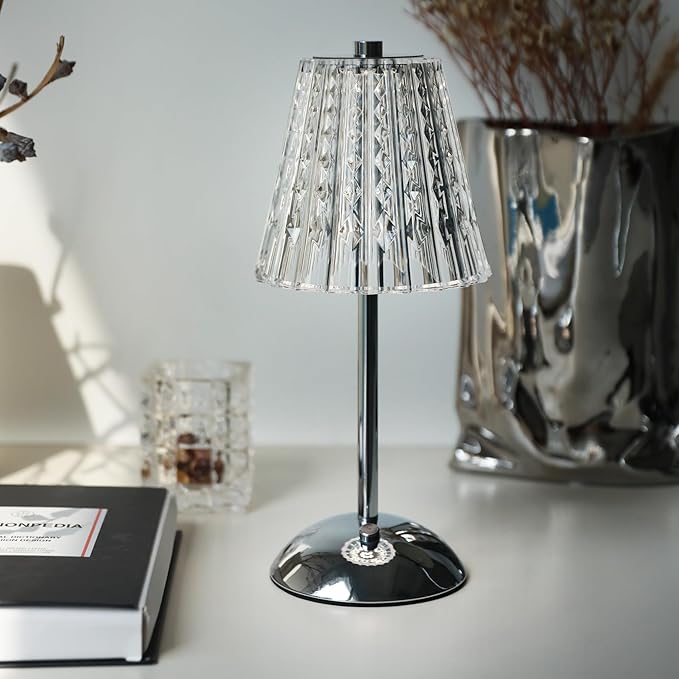 Cordless Table Lamp, 4000mAh Rechargeable Battery Operated Lamp, 3 Color Modes & Stepless Dimmable LED Touch Lamp, Portable Crystal Metal Beside Lamps for Bedroom Restaurant(Silver 2 Pack)