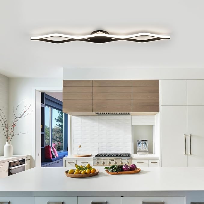 Qcyuui Dimmable LED Ceiling Lights 46.4'' Kitchen Lighting Fixtures Ceiling Black Flush Mount Ceiling Light with Remote Linear Ceiling Light for Kitchen Bedroom Dining Room Hallway,24W