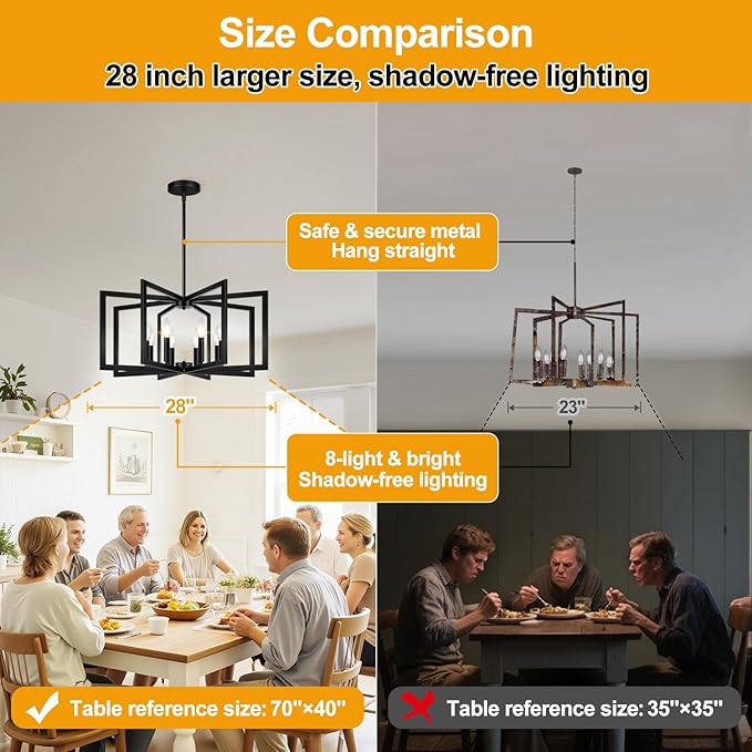 28" Modern Matte Black Chandelier for Dining Room, No Assembly Required Black Dining Room Light Fixture Over Table, Industrial Metal Hanging Pendant Lights Fixture for Kitchen Island, Entryway, Foyer