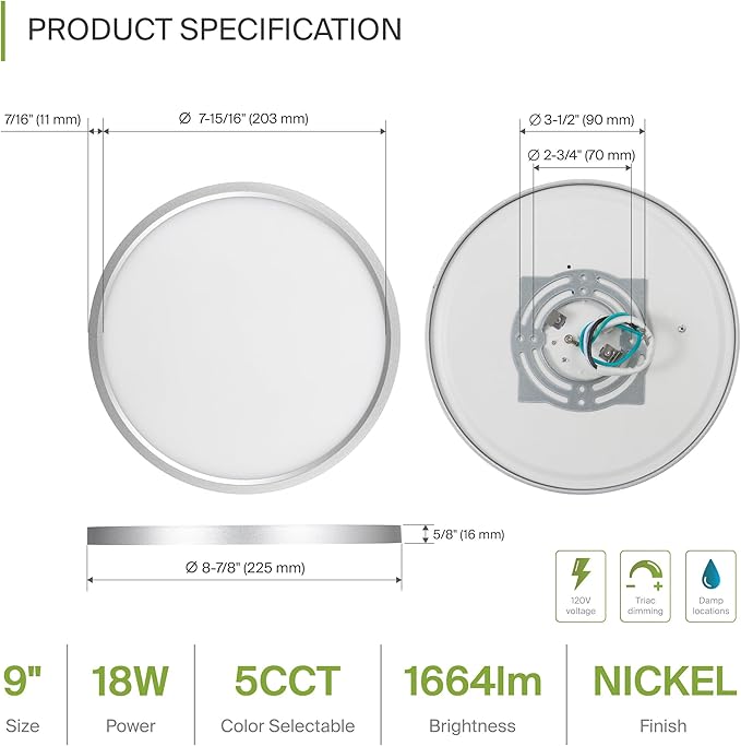 ASD LED 9" Round Flush Mount Ceiling Light Fixture, Low Profile Surface Lighting | 5CCT, Dimmable, Ultra-Thin, ETL Listed | 18W 1660LM 2700-6000K 120V | Kitchen, Bedroom, Hallway Lamp | Nickel, 6 Pack
