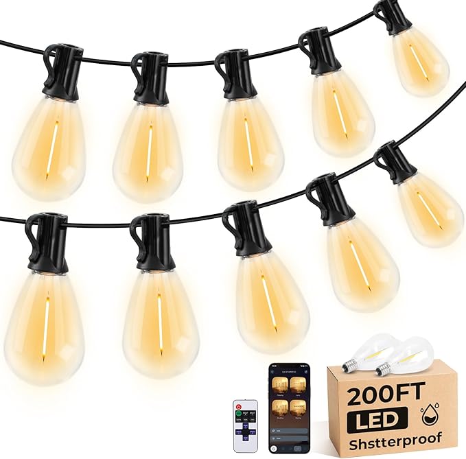 GvvooHome 200FT S11 LED Outdoor String Lights with App & Remote, Low-Voltage Patio Lights with Music Sync, 4 Lighting Modes, Dimmable, Waterproof LED Outdoor Lights for Backyard, Porch, Deck, Garden
