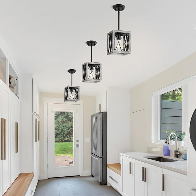 KEESFU Farmhouse Pendant Light with Metal Cage,1 Light Pendant Lighting for Kitchen Island,39 Inch Adjustable Rods for Flat and Slop Ceiling,Kitchen Island Hallway Foyer(2pack