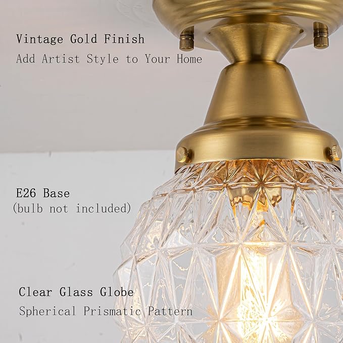 EDISLIVE 7.5" Glass Semi Flush Mount Ceiling Light Vintage Globe Ceiling Lamp with Clear Plaid Glass for Hallyway Foyer Bedroom Dinning Room Gold