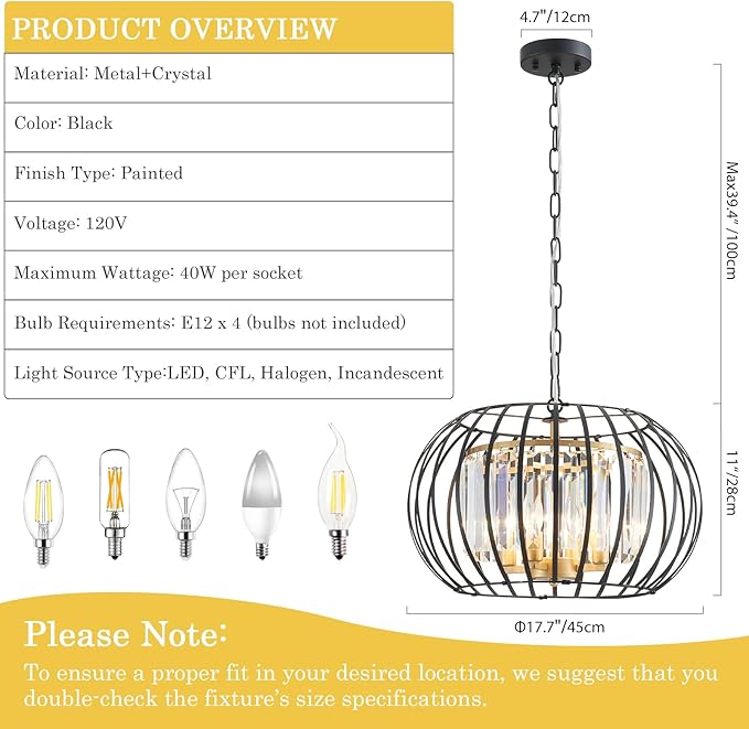 Black Gold Crystal Chandeliers 17.7" Modern 4-Light Cage Pendant Lighting Fixture Adjustable Farmhouse Round Chandeliers for Dining Room Bedroom Kitchen Island Hallway Foyer