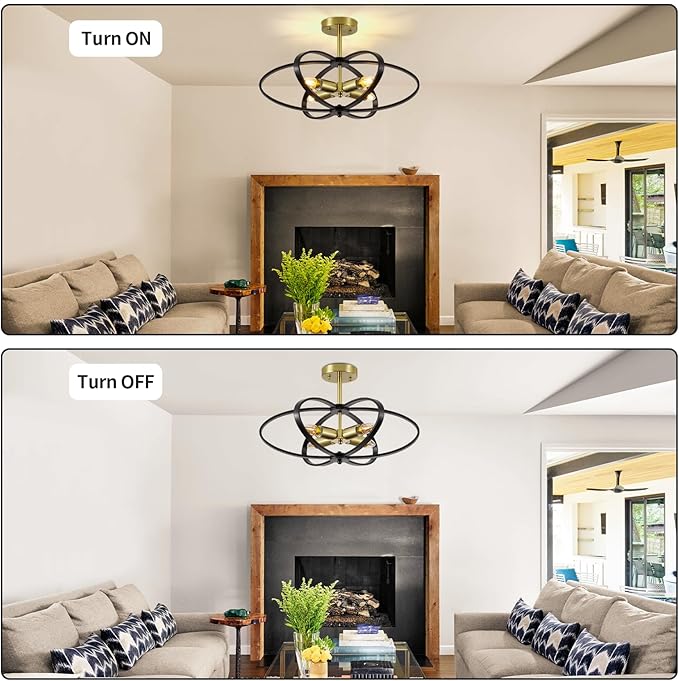 Semi Flush Mount Ceiling Light Chandelier 20'' Black and Gold Modern Light Fixtures Ceiling 4-Light Farmhouse Chandelier Style Flower Shape for Bedroom,Kitchen,Porch,Hallway