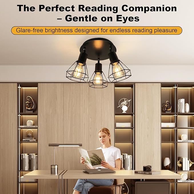 HiBay LED Track Lighting Fixtures, 3-Light Adjustable Directional Ceiling Light, Black Geometric Metal Cage Industrial Spotlight Indoor for Kitchen, Dining, Bedroom, E26 Base (Bulbs Not Included)